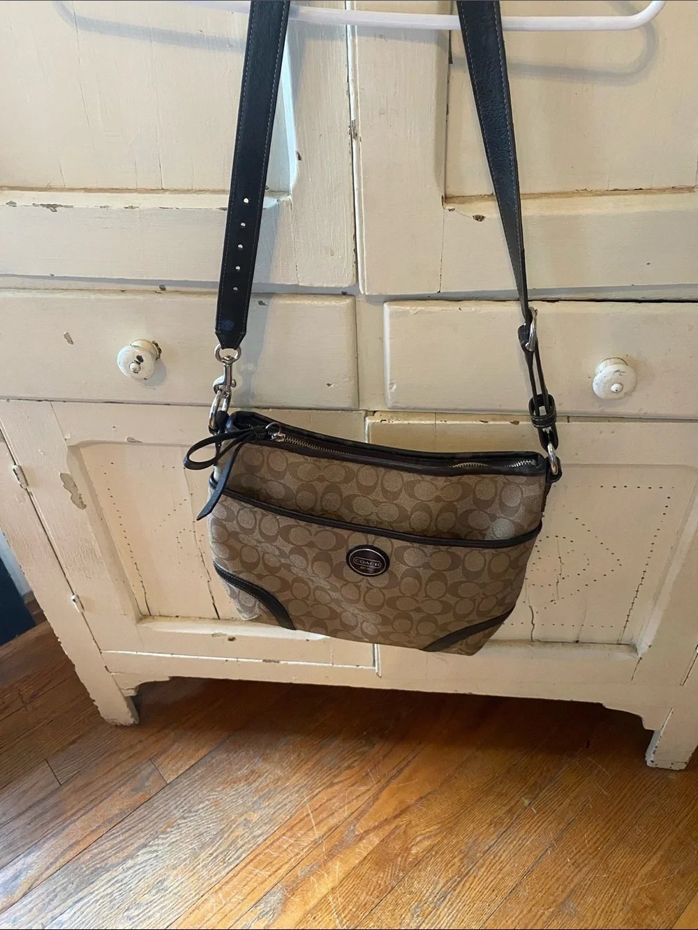 Coach Brown Signature Canvas Crossbody with Black Trim